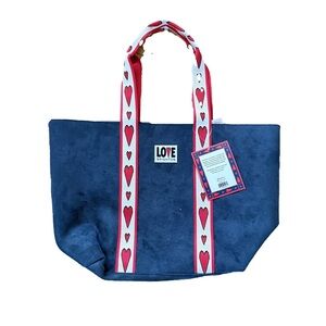 Brighton Velveteen Love Tote NWT Bag Blue Red Heart Detail Shoulder Handbag